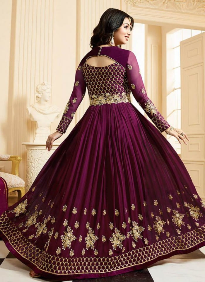 ayesha takia wine abaya style anarkali suit