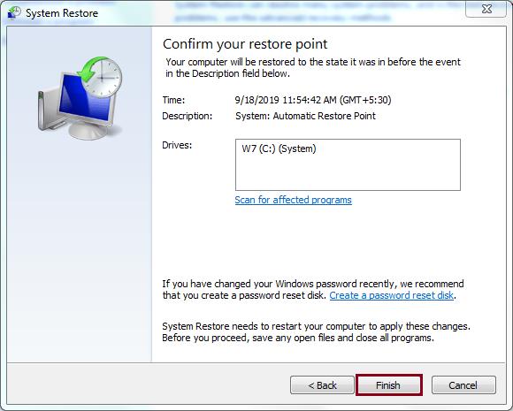 confirm your restore point 