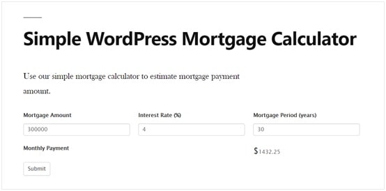 Simple WordPress Mortgage Calculator 